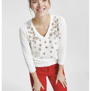 Charter Club XS Women’s NWT Sequin Embellished Cotton Blend V Neck White Top